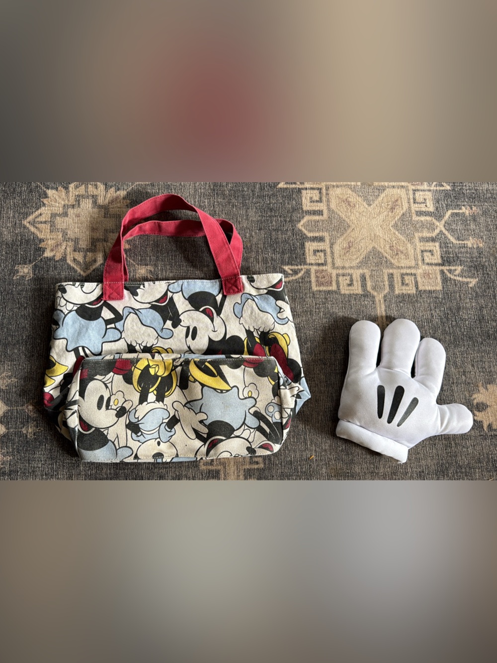 Disney Multicolor Mickey & Minnie Tote Bag with Red Handles + Costume hand